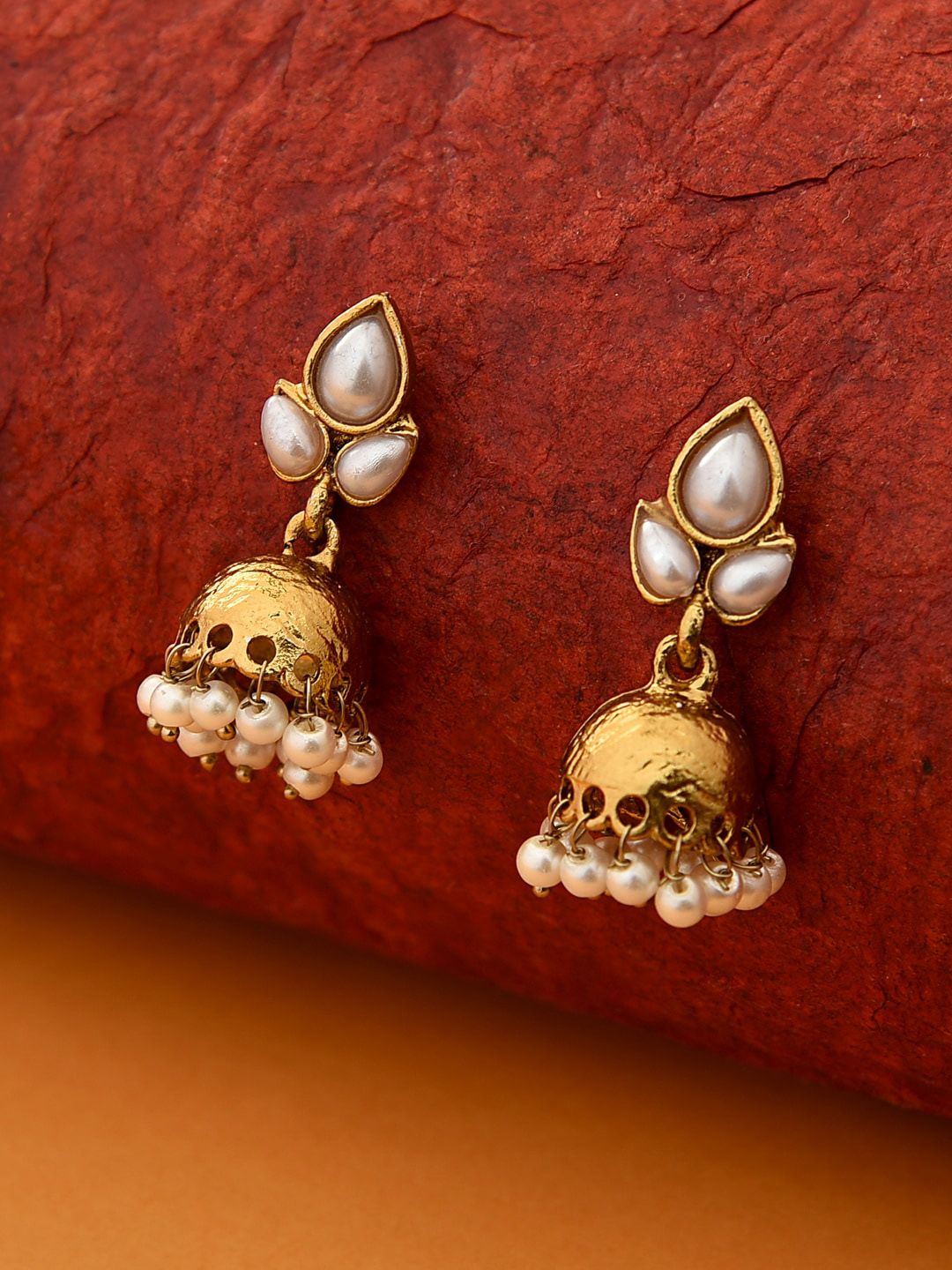 Fida Gold-Plated & White Pearl Leaf Shaped Jhumkas Earrings Price in India