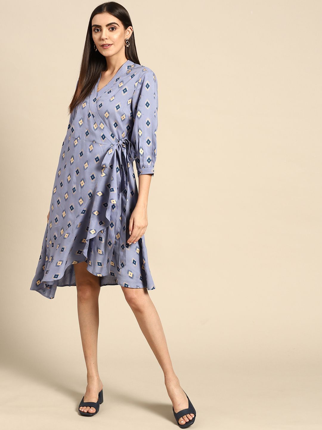 Anouk Women Blue & Golden Printed Ethnic Wrap Dress Price in India