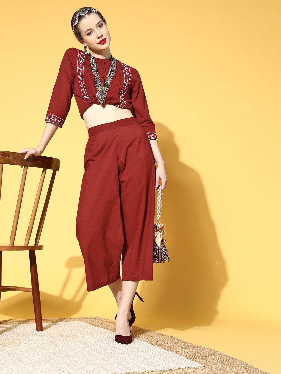 Anouk Women Deep Maroon Self-design Top With Solid Trousers Price in India