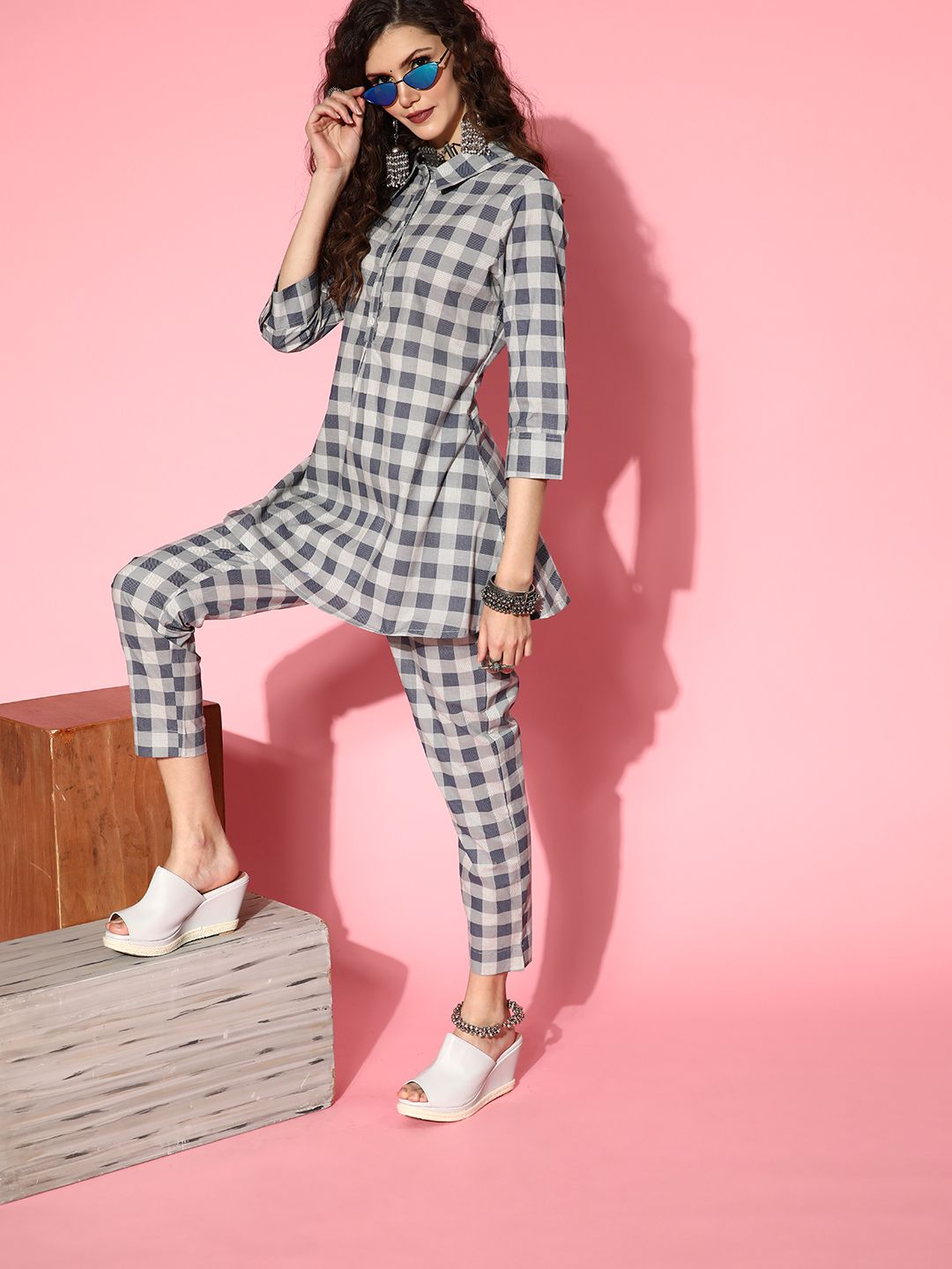 Anouk Women Grey Checked Top with Trousers Price in India