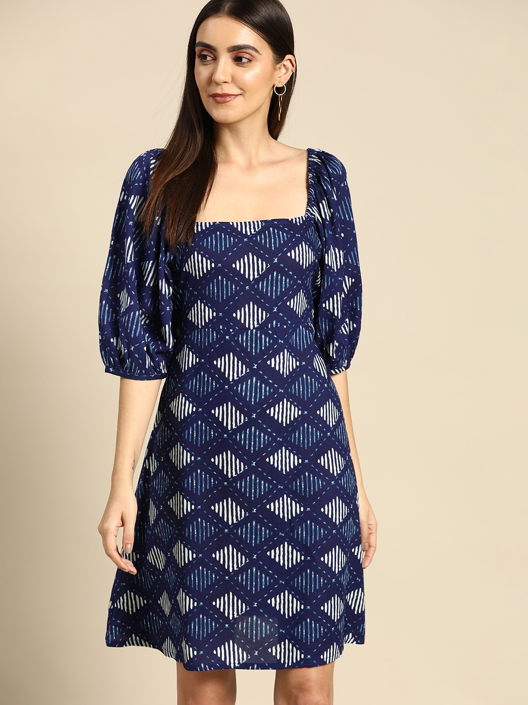 Anouk Women Navy Blue & White Printed A-Line Dress with Stylized Back Price in India