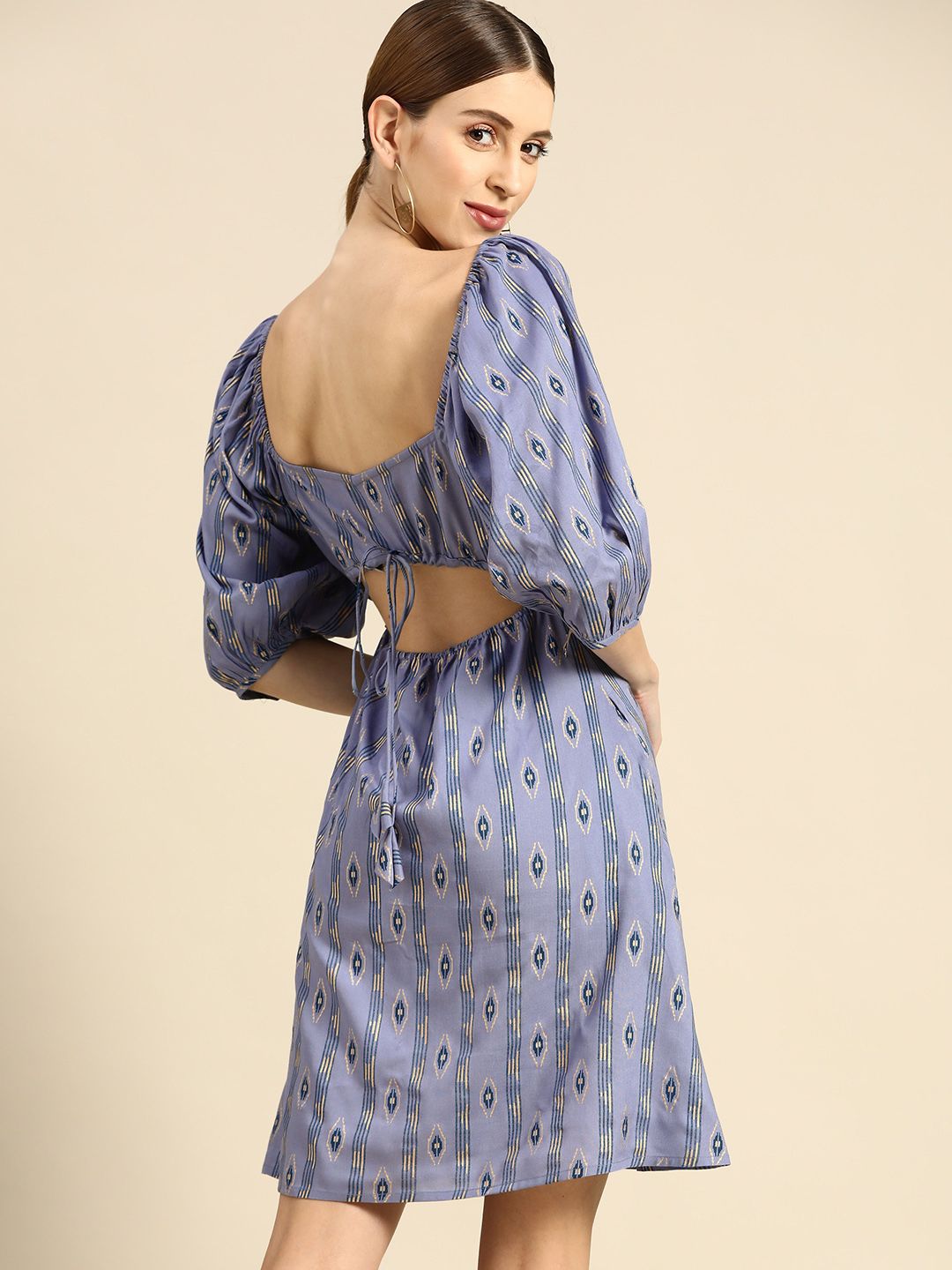 Anouk Women Blue & Golden Ethnic Motifs Printed A-Line Dress with Stylized Back Price in India