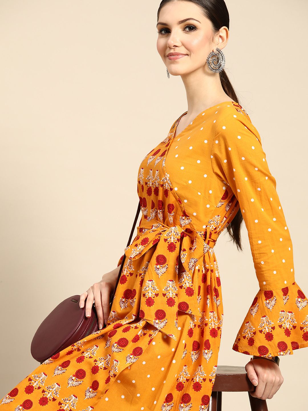 Anouk Women Mustard Yellow & Red Ethnic Motifs Printed Angrakha Kurta Price in India