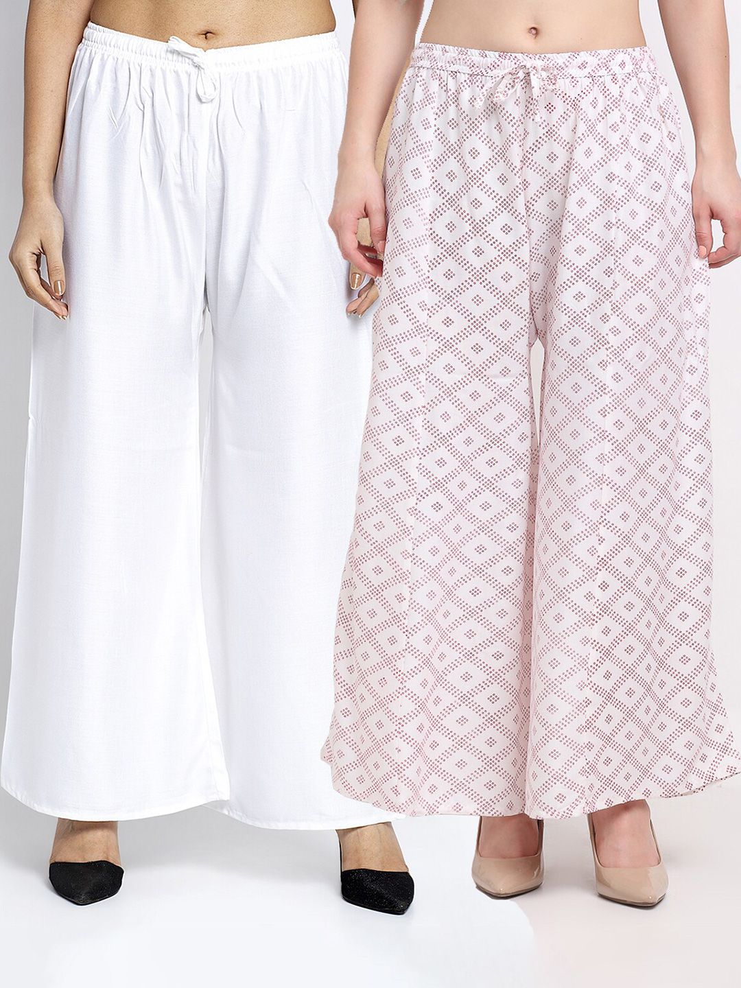 GRACIT Women Pack Of 2 White & Off White Printed Flared Knitted Ethnic Palazzos Price in India