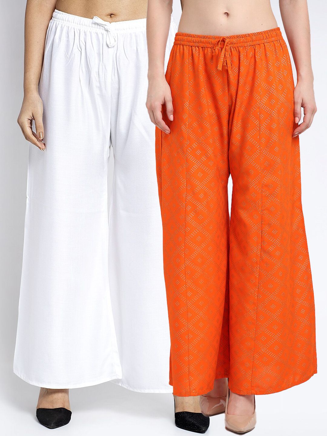 GRACIT Women Pack Of 2 White & Orange Printed Flared Knitted Ethnic Palazzos Price in India