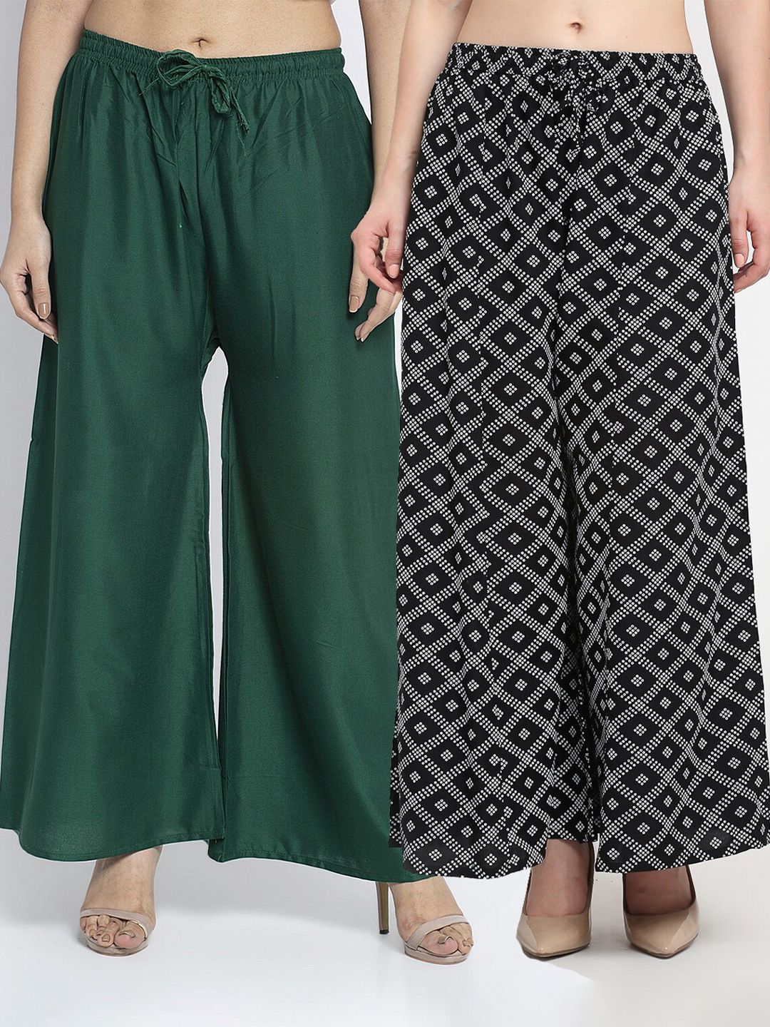 GRACIT Women Pack of 2 Green & Black Printed Flared Knitted Ethnic Palazzos Price in India