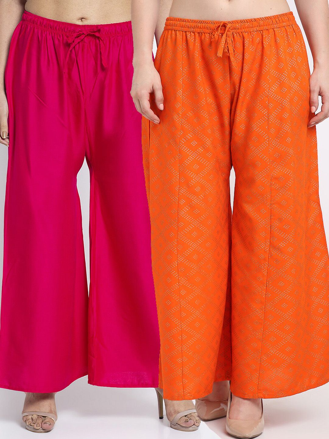 GRACIT Women Pack of 2 Pink & Orange Printed Flared Knitted Ethnic Palazzos Price in India