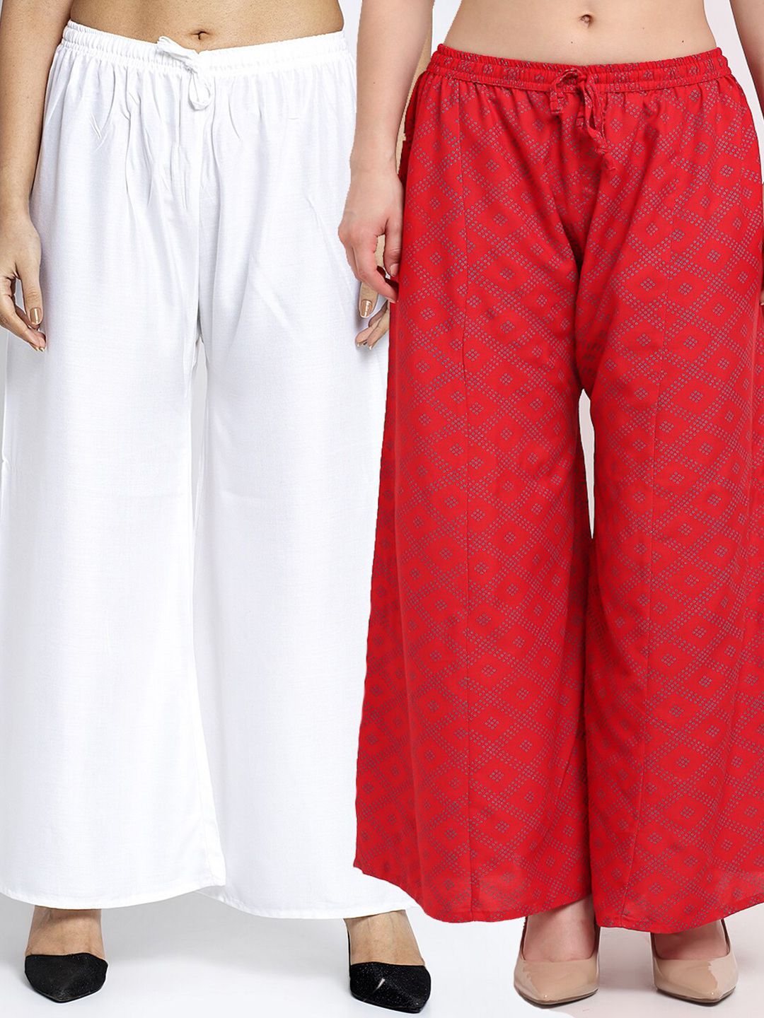 GRACIT Women Pack Of 2 White & Red Printed Flared Knitted Ethnic Palazzos Price in India