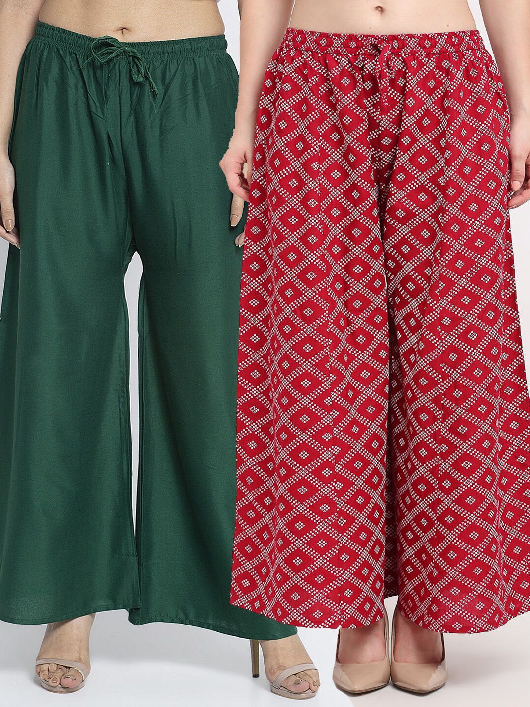 GRACIT Women Pack Of 2 Green & Maroon Printed Flared Knitted Ethnic Palazzos Price in India