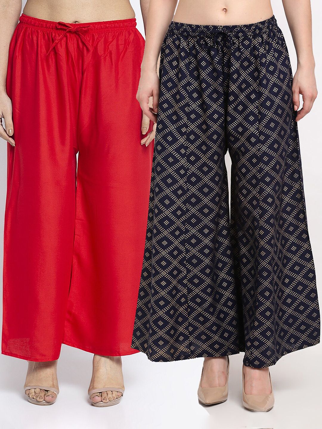 GRACIT Women Pack Of 2 Red & Navy Blue Printed Flared Knitted Ethnic Palazzos Price in India