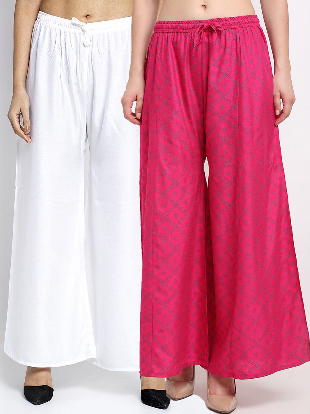 GRACIT Women Pack Of 2 White & Pink Printed Flared Knitted Ethnic Palazzos Price in India