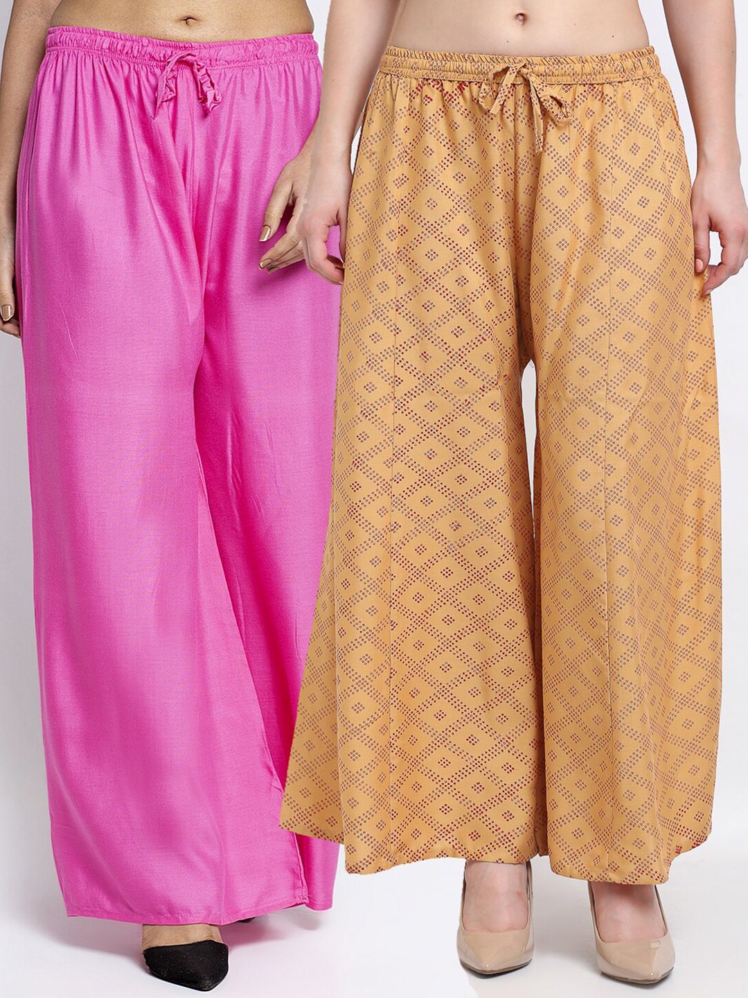 GRACIT Women Set Of 2 Pink & Beige Flared Ethnic Palazzos Price in India