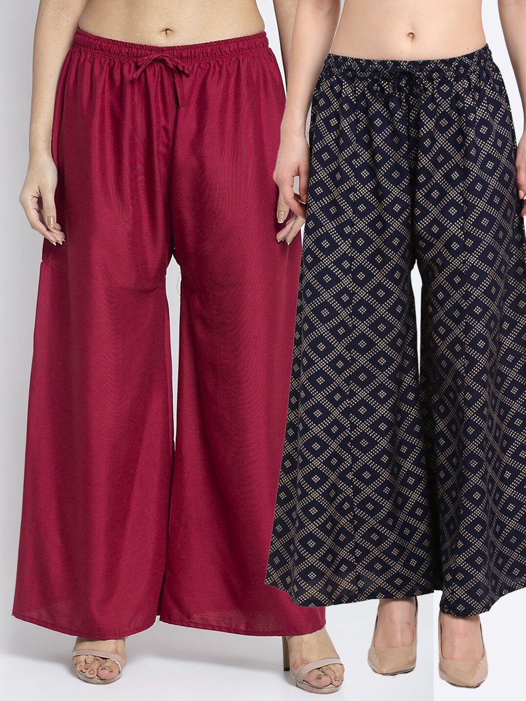 GRACIT Women Set Of 2 Maroon & Navy Blue Printed Flared Fit Palazzos Price in India