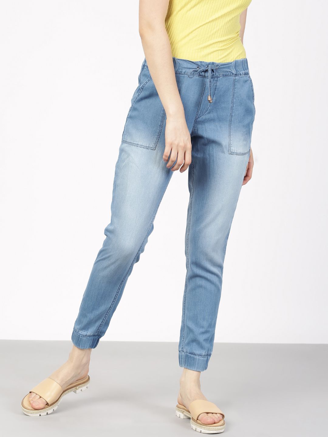 Ether Women Blue Washed Denim Pure Cotton Joggers Price in India