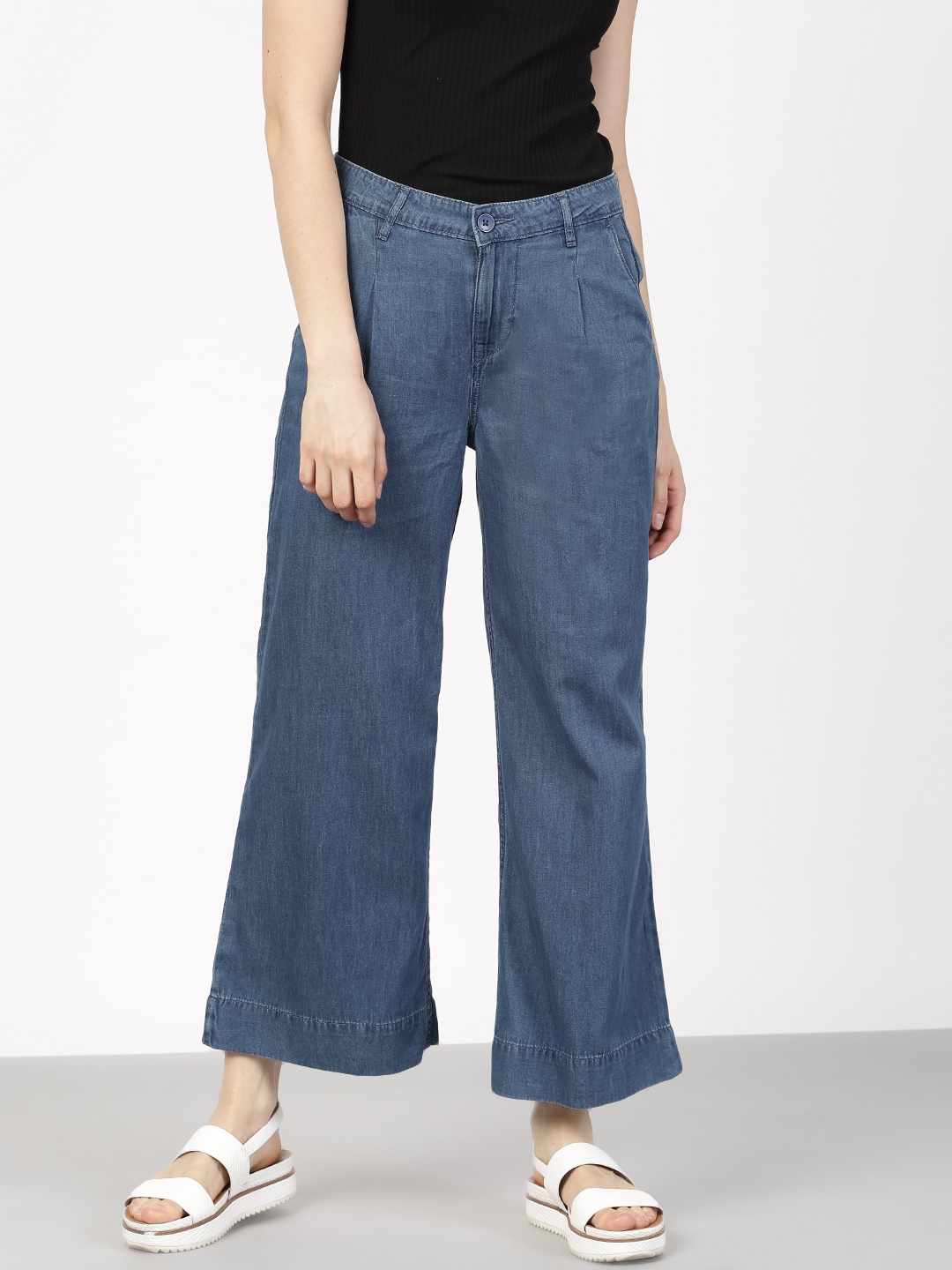 Ether Women Blue Washed Denim Flared Trousers Price in India