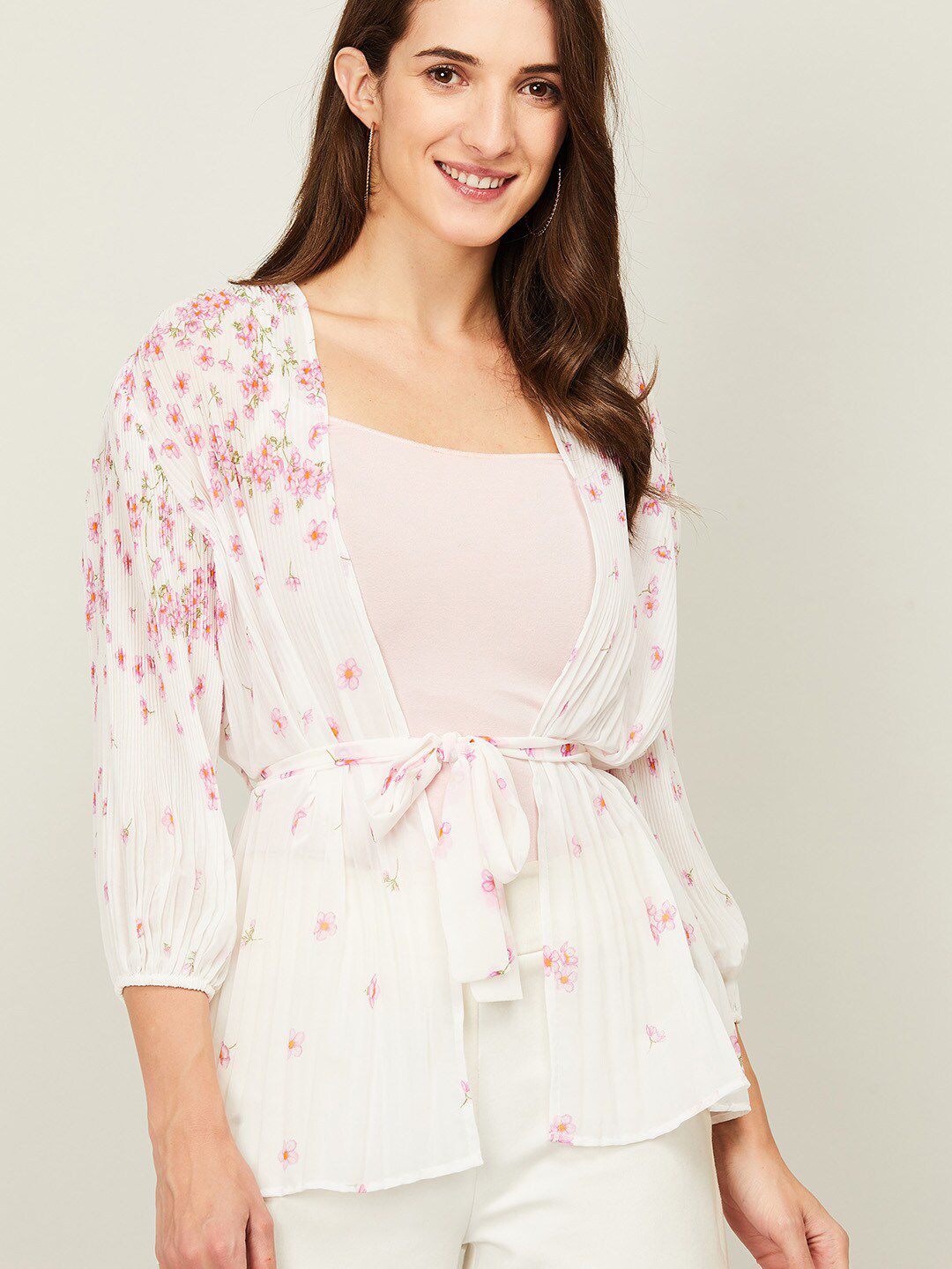 CODE by Lifestyle Women White & Pink Printed Polyester Shrug Price in India