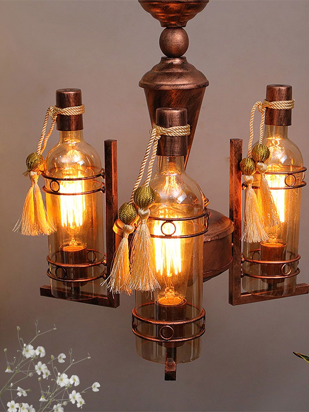 Homesake Copper-Toned 3-Light Vintage Glass & Metal Jhoomar Ceiling Lamp Price in India
