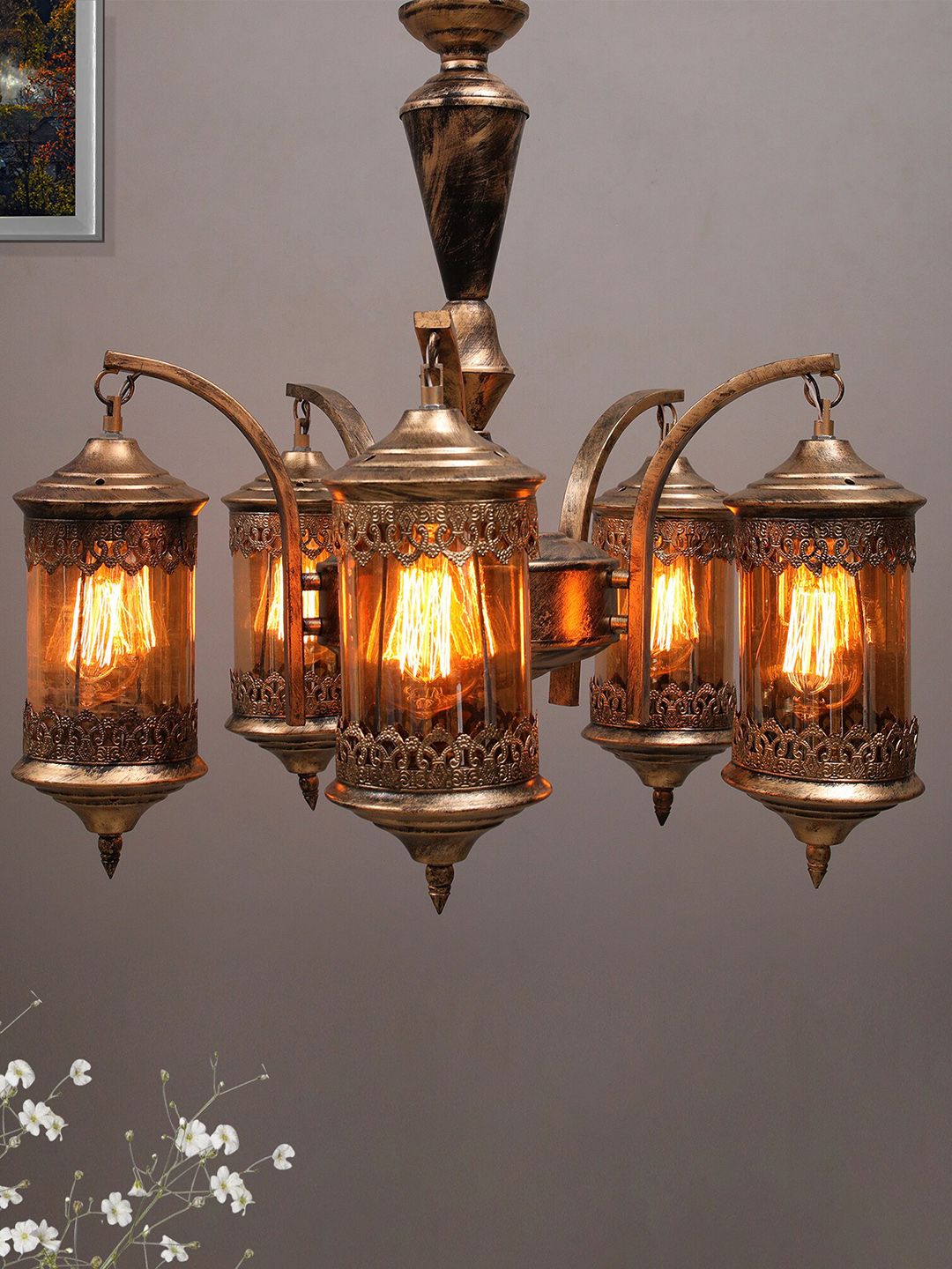 Homesake Gold-Toned 5-Light Vintage Glass & Metal Jhoomar Ceiling Lamp Price in India