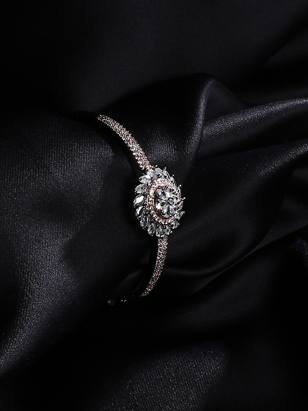 justpeachy Women Rose Gold & White Brass American Diamond Bangle-Style Bracelet Price in India