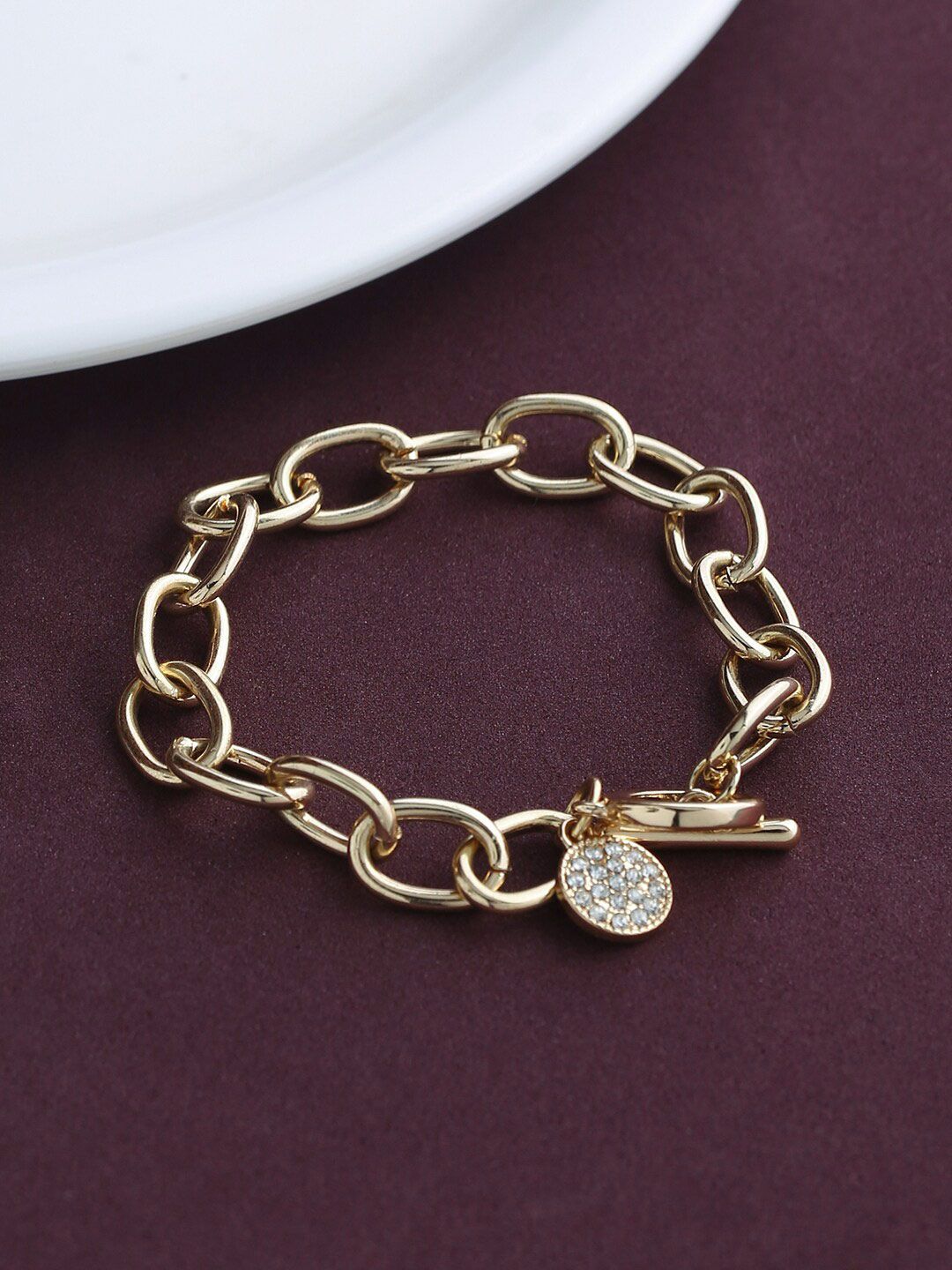 justpeachy Women Gold-Toned & White Cubic Zirconia Gold-Plated Link Bracelet Price in India