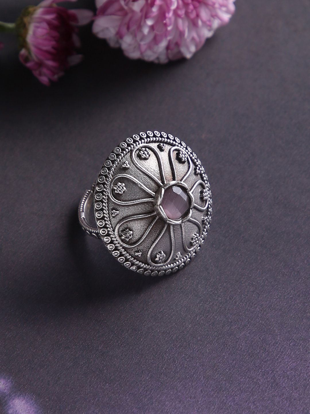 justpeachy Oxidised Silver-Plated Pink Stone-Studded Finger Ring Price in India