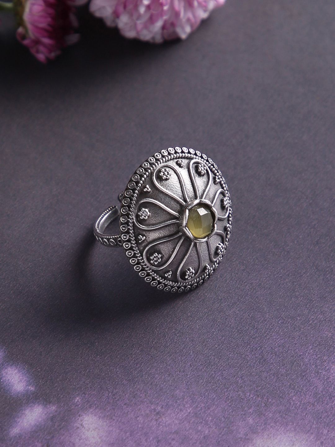 justpeachy Oxidized Silver-Plated Green Stone-Studded Adjustable Finger Ring Price in India