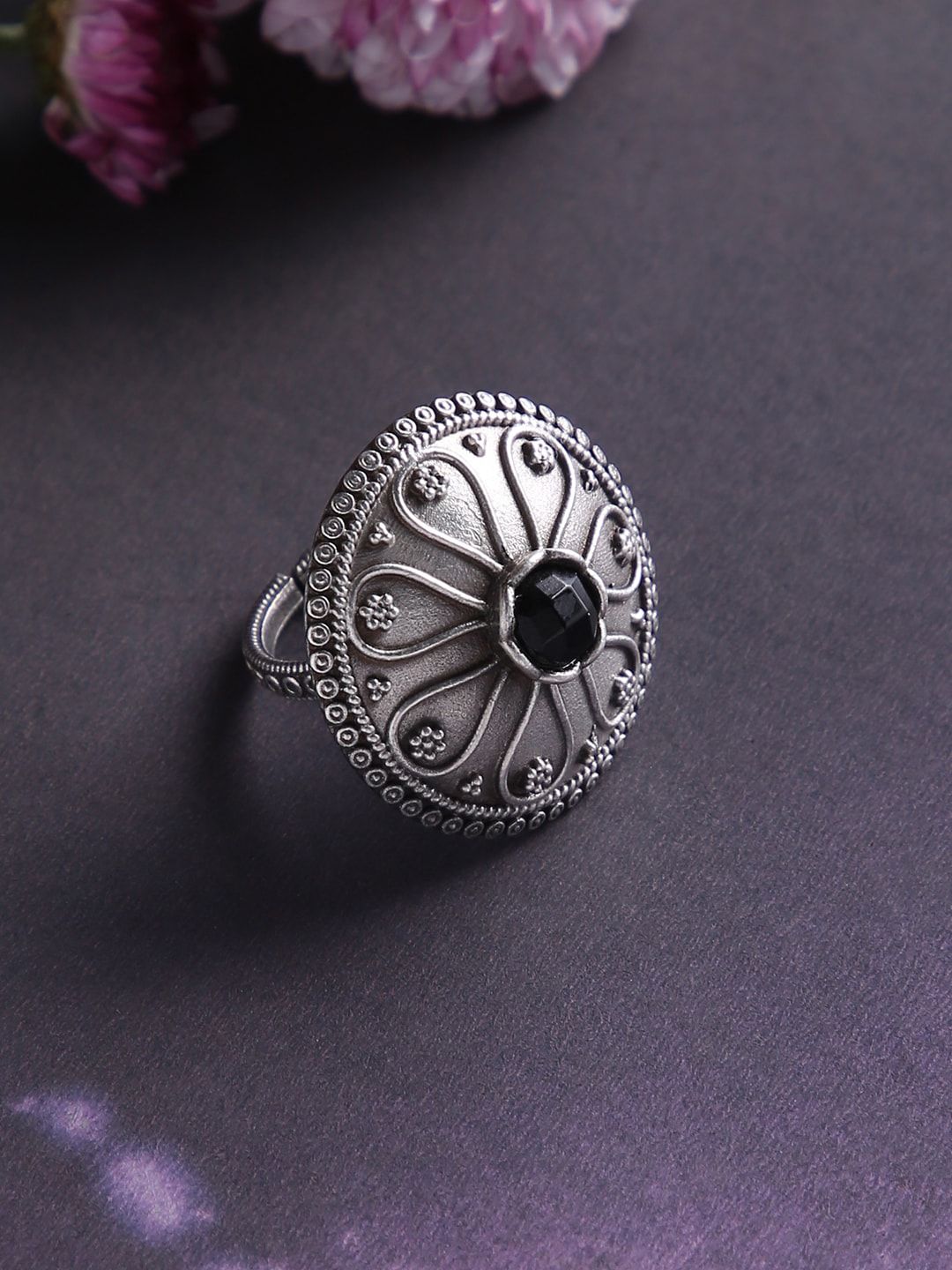 justpeachy Silver-Plated & Black Stone-Studded Oxidised Finger Ring Price in India