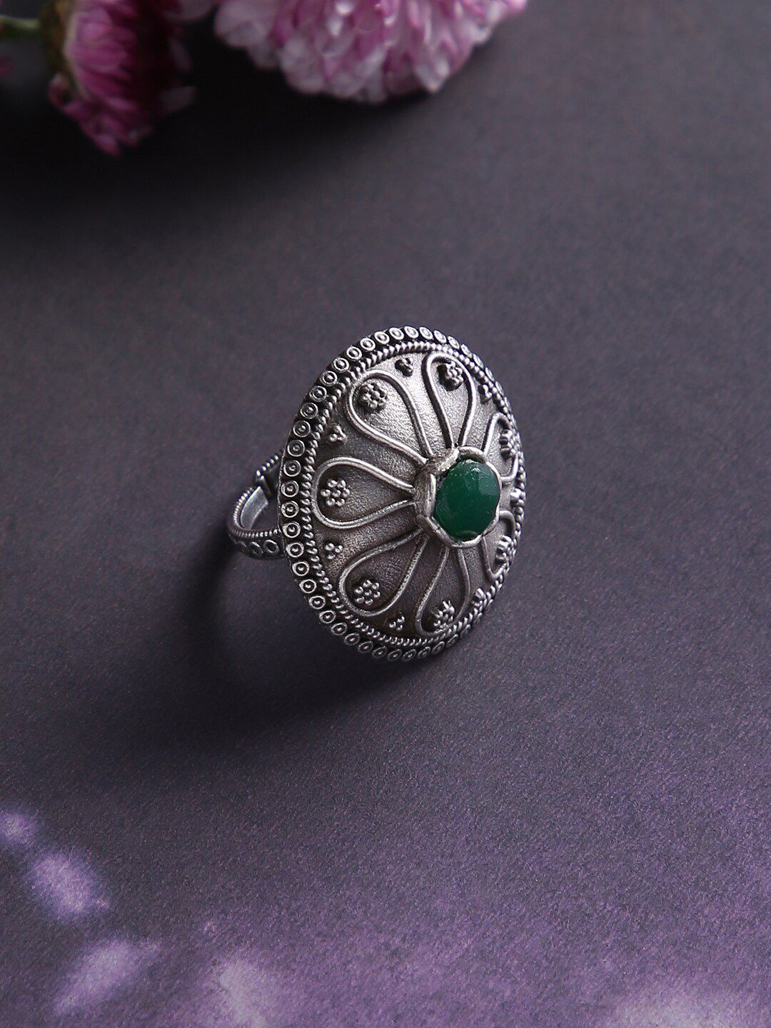 justpeachy Women Silver-Plated & Green Stone-Studded Oxidized Finger Ring Price in India
