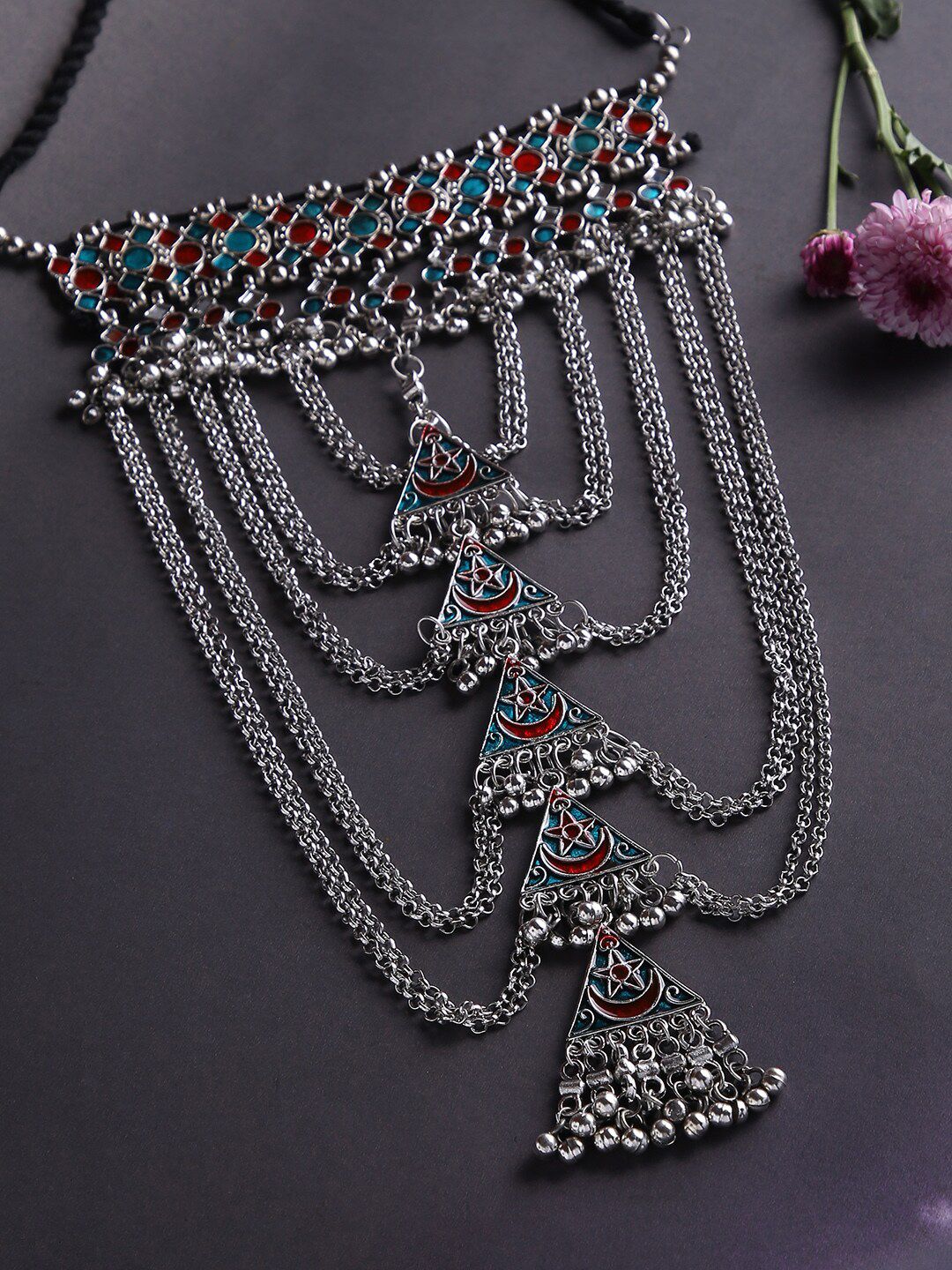 justpeachy Silver-Plated & Blue Oxidised Necklace Price in India