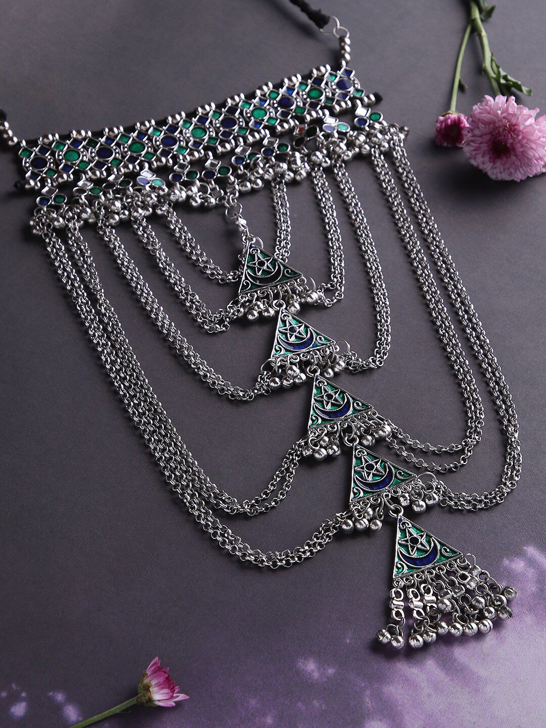 justpeachy Silver-Toned & Blue Silver-Plated Layered Necklace Price in India