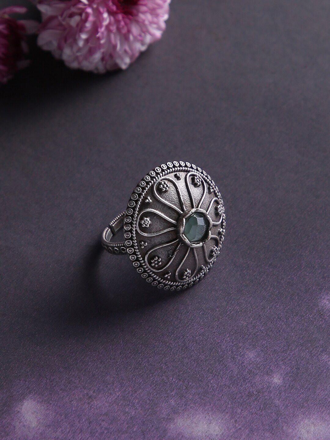 justpeachy Oxidised Silver-Plated & Green Stone-Studded Finger Ring Price in India