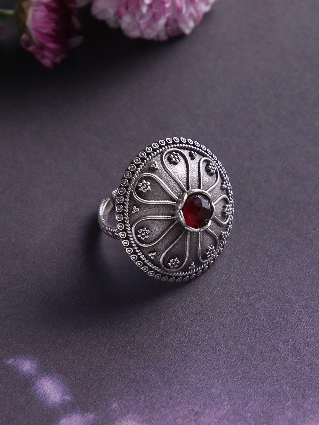 justpeachy Oxidised Silver-Plated Maroon Stone-Studded Finger Ring Price in India