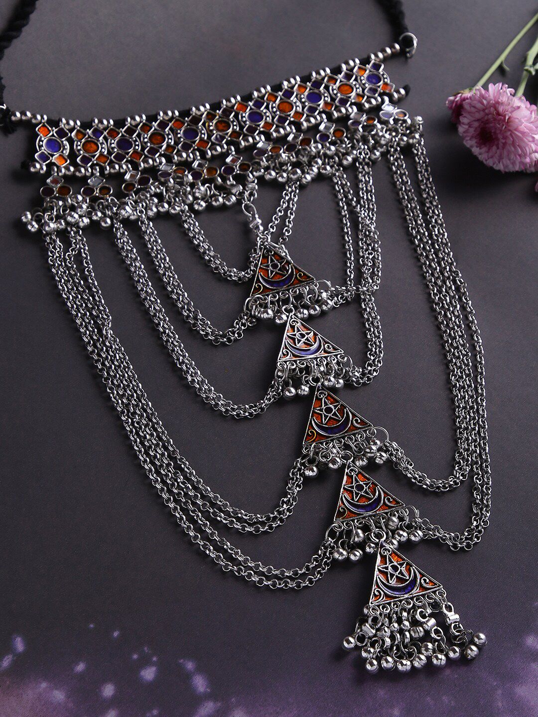 justpeachy Silver & Purple-Toned & Plated Oxidised Stone-Studded Necklace Price in India
