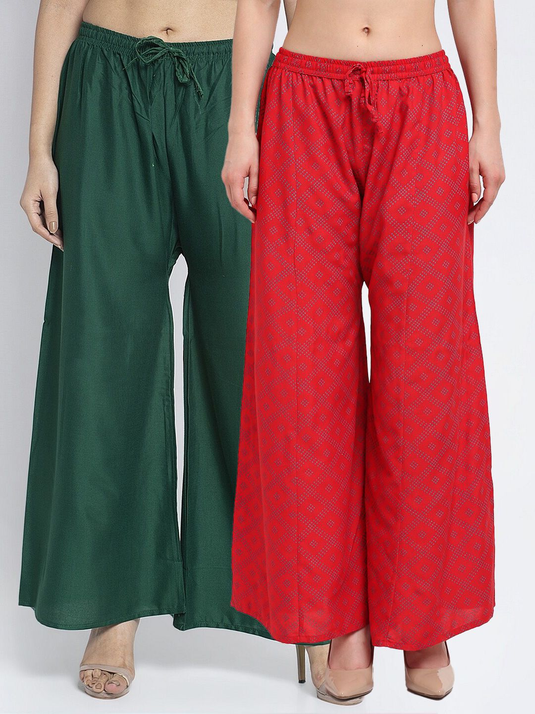 Jinfo Pack of 2 Green & Red Printed Flared Knitted Ethnic Palazzos Price in India