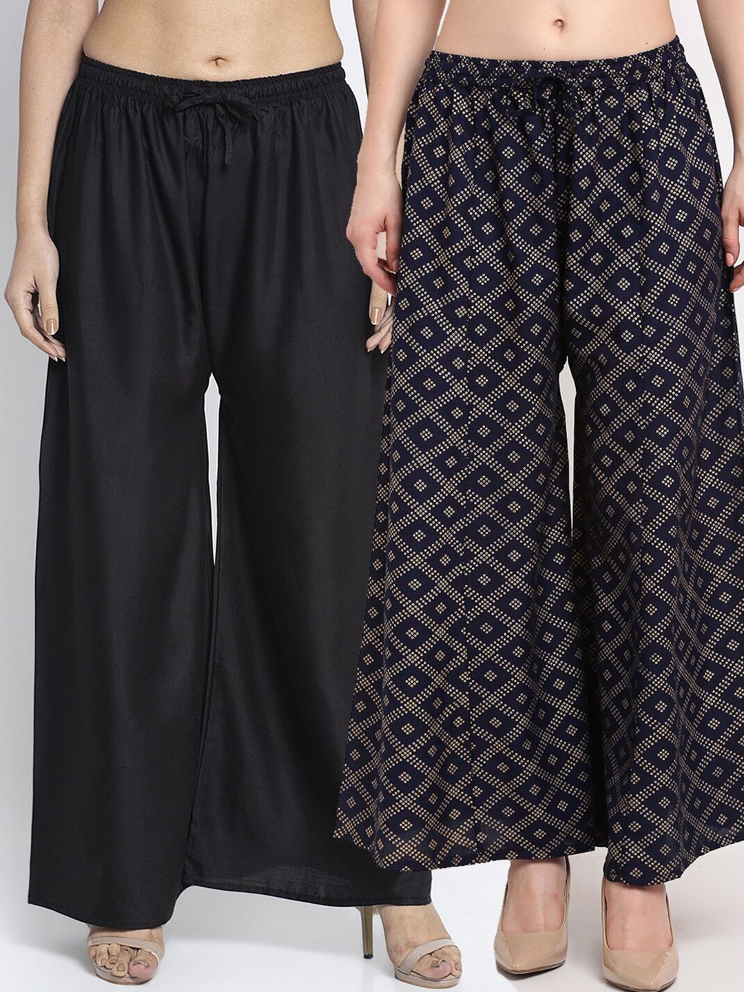 Jinfo Women Pack Of 2 Black & Navy Blue Printed Flared Knitted Ethnic Palazzos Price in India