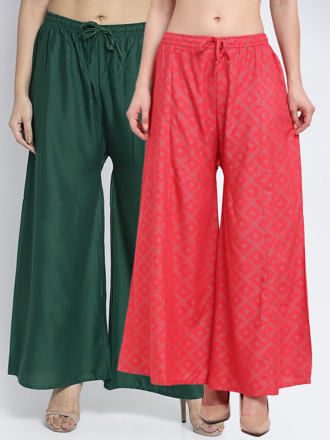 Jinfo Women Pack of 2 Green & Pink Printed Flared Knitted Ethnic Palazzos Price in India