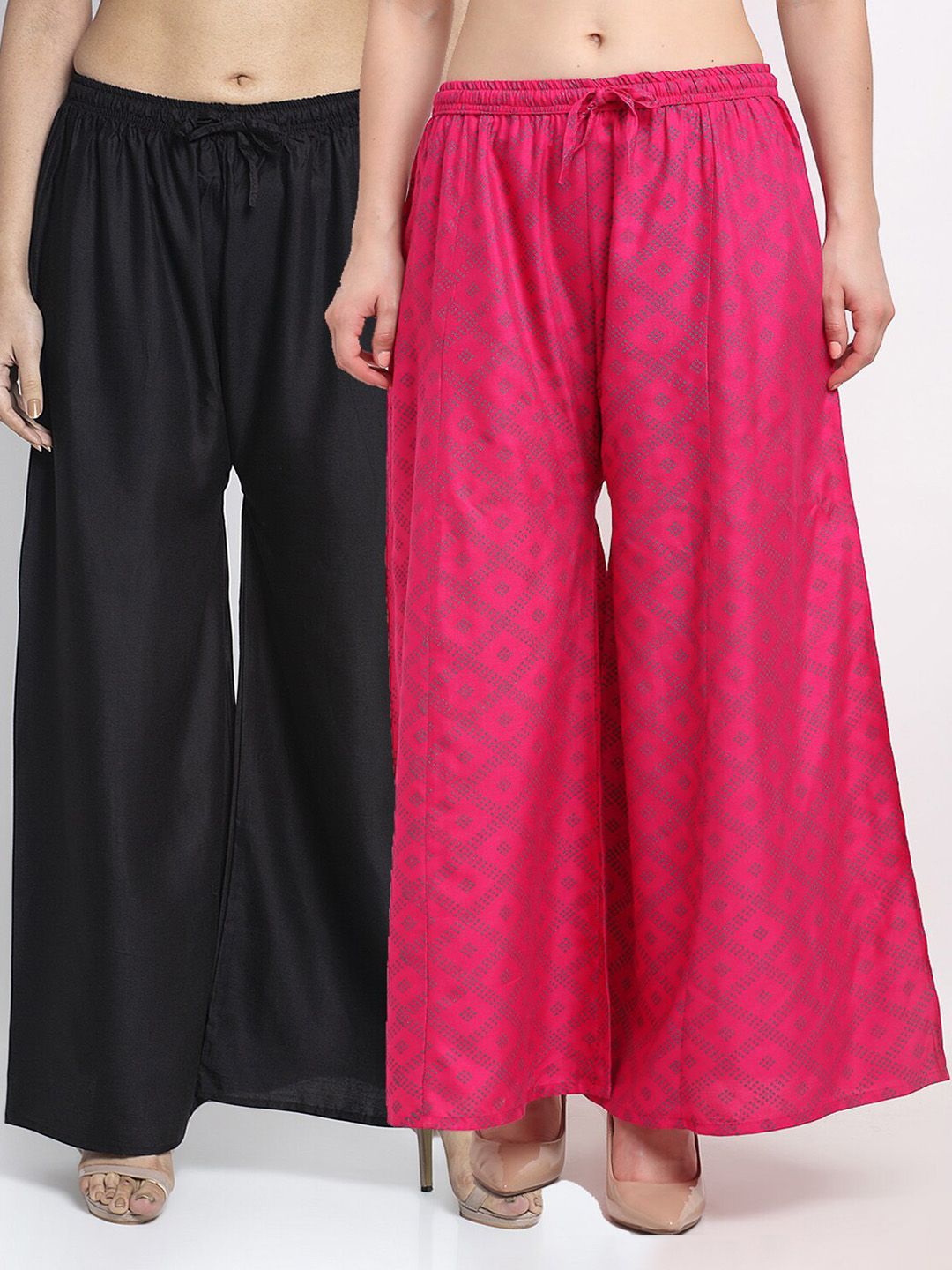 Jinfo Women Black & Pink Set of 2 Printed Flared Knitted Ethnic Palazzos Price in India