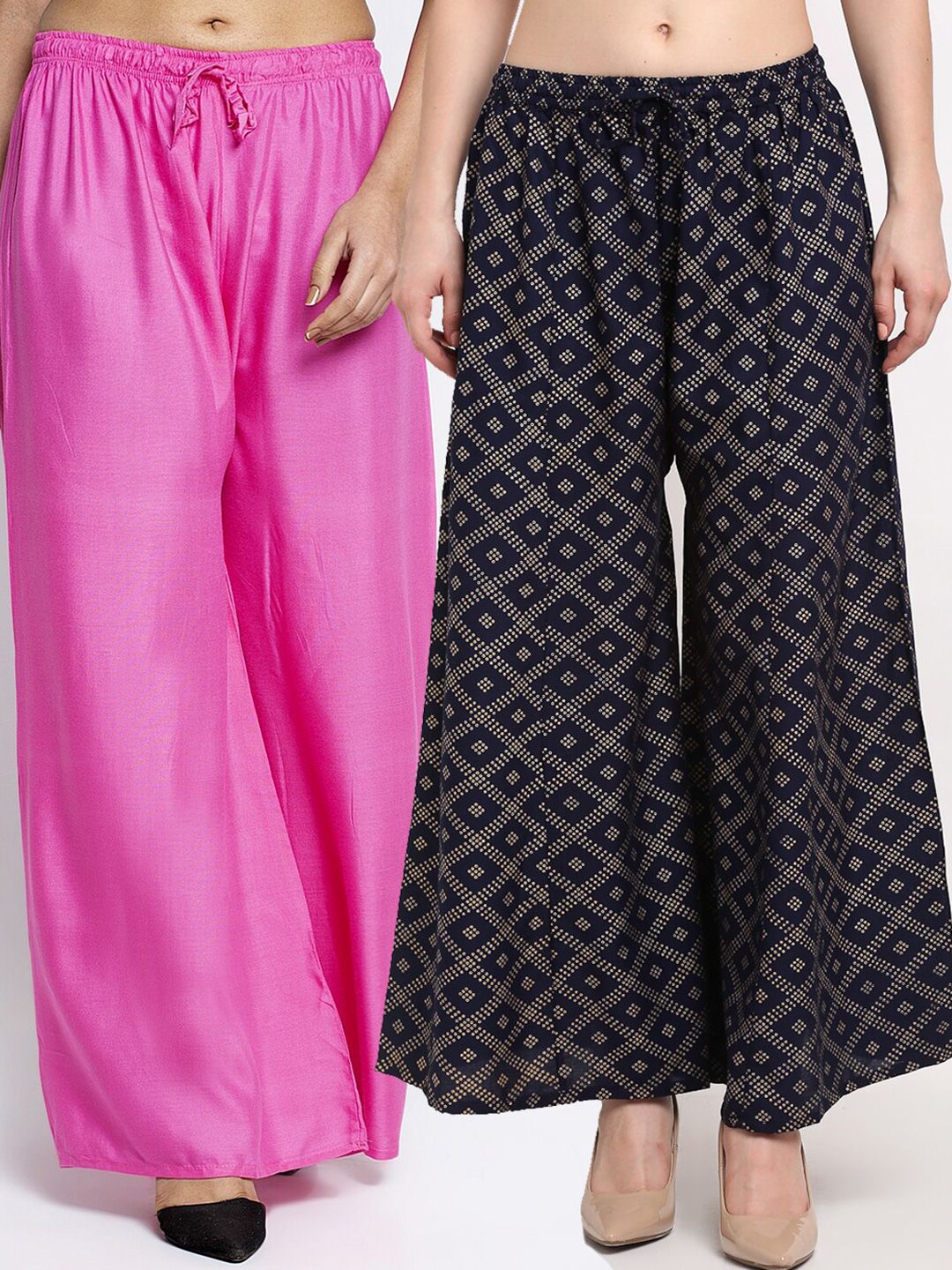 Jinfo Women Pink & Navy Blue Set of 2 Printed Flared Knitted Ethnic Palazzos Price in India