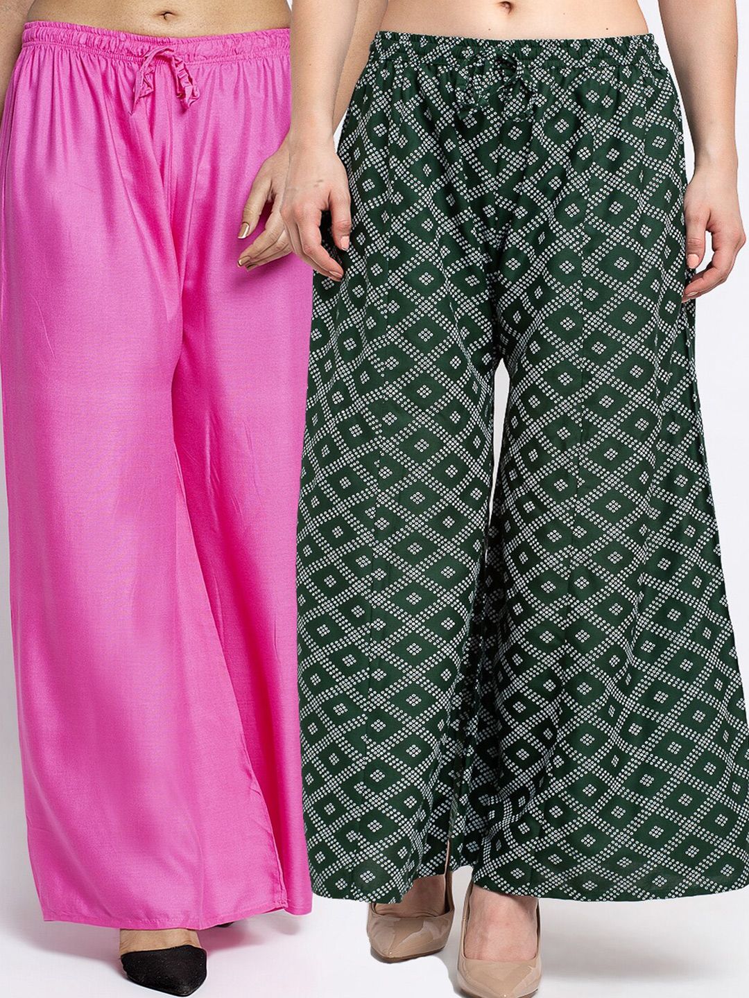 Jinfo Women Set Of 2 Pink & Green Printed Flared Fit Palazzos Price in India