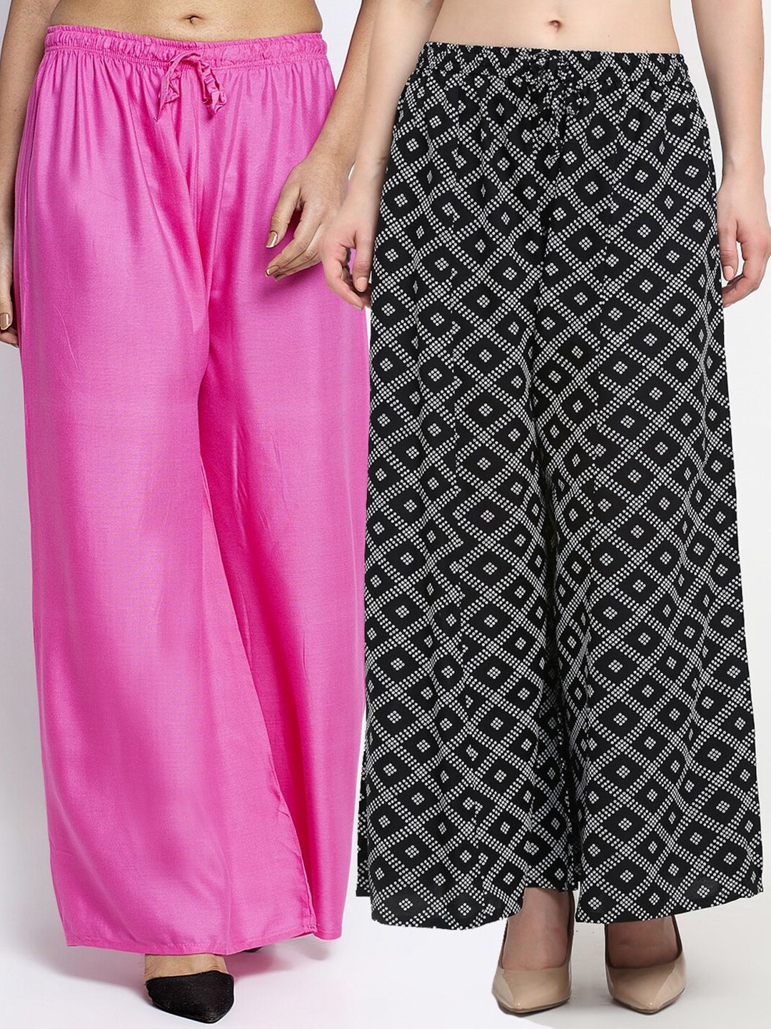 Jinfo Women Pack Of 2 Pink & Black Printed Flared Knitted Ethnic Palazzos Price in India