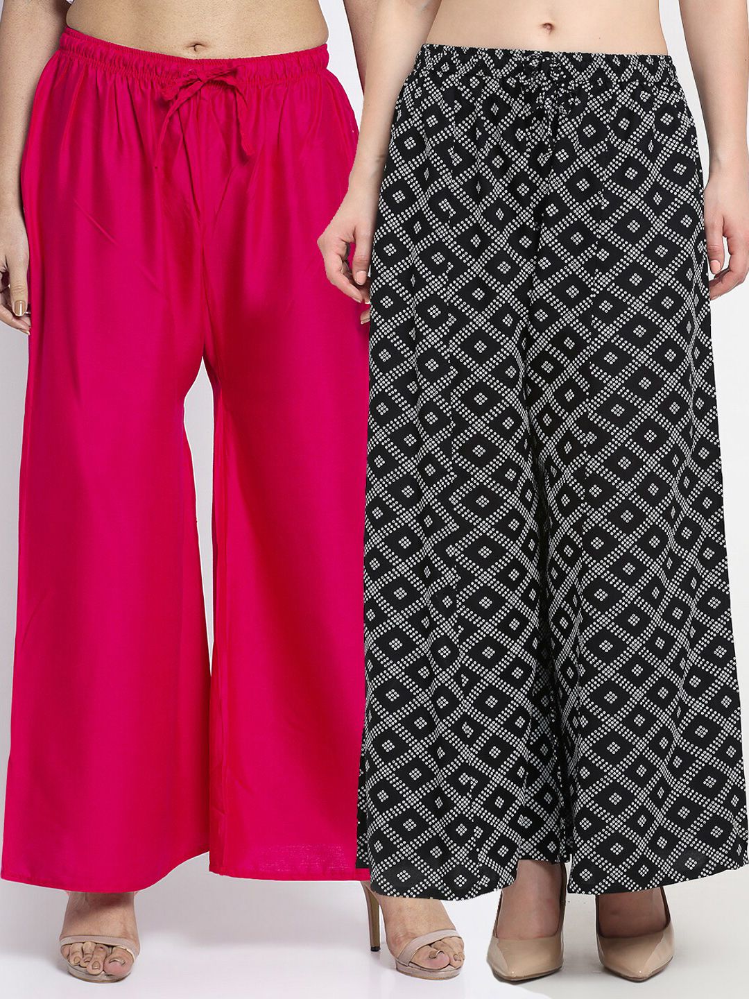 Jinfo Women Pink & Black Pack of 2 Printed Flared Knitted Ethnic Palazzos Price in India