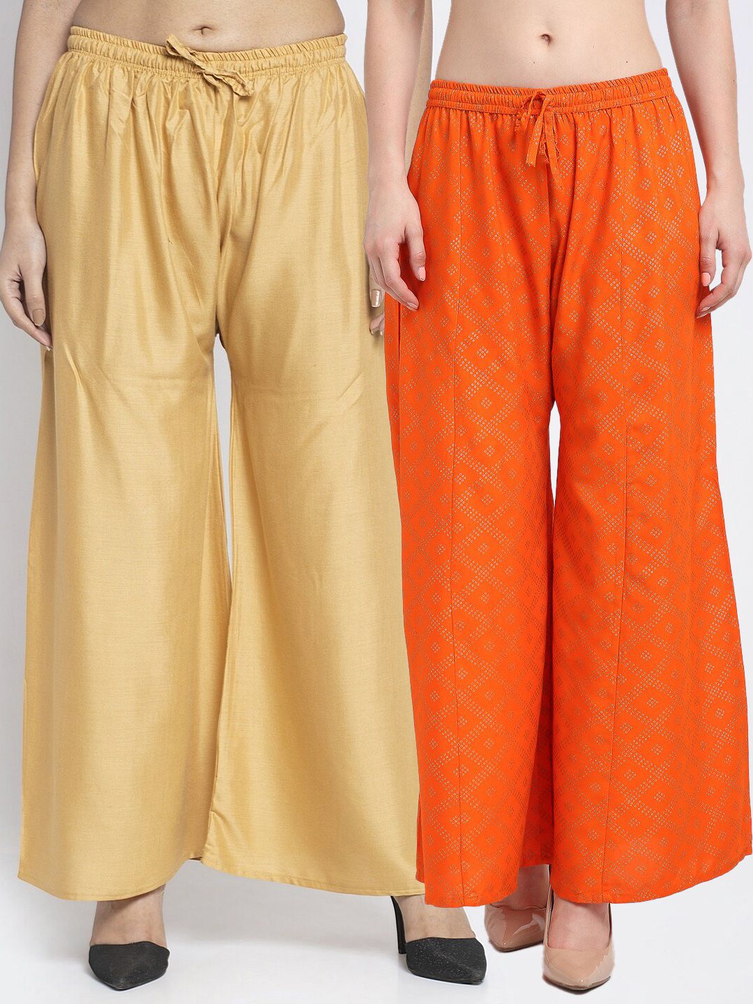 Jinfo Women Pack of 2 Beige & Orange Printed Flared Knitted Ethnic Palazzos Price in India