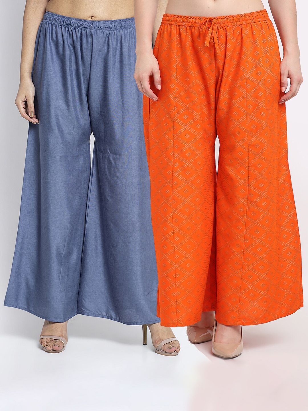 Jinfo Women Set Of 2 Grey & Orange Flared Ethnic Palazzos Price in India