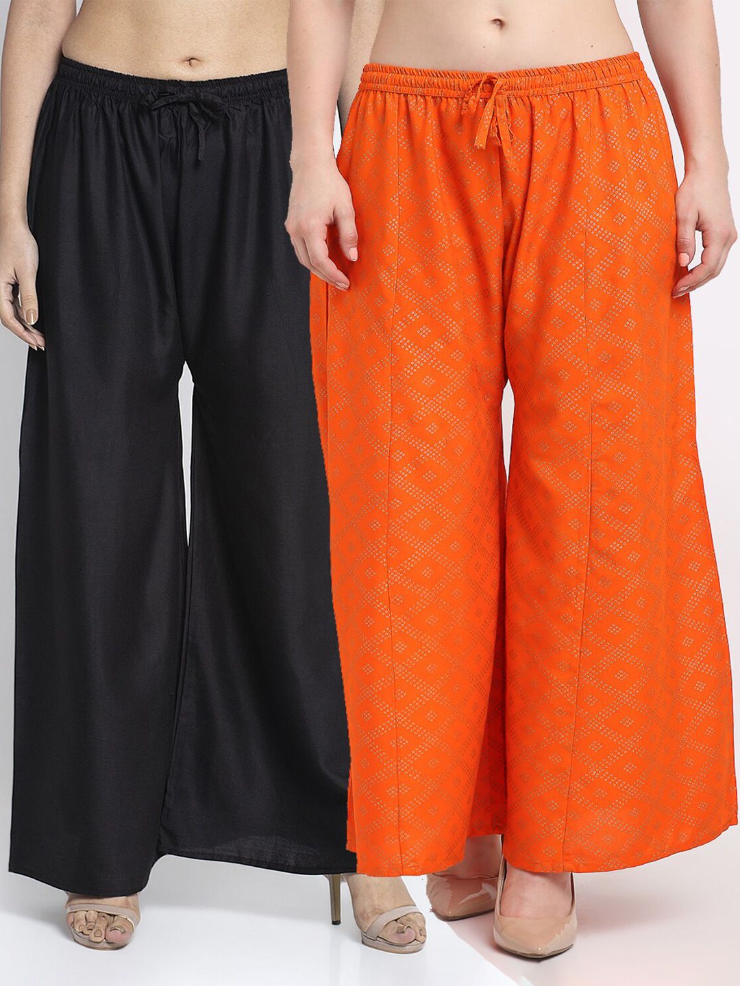 Jinfo Women Black & Orange 2 Flared Knitted Ethnic Palazzos Price in India