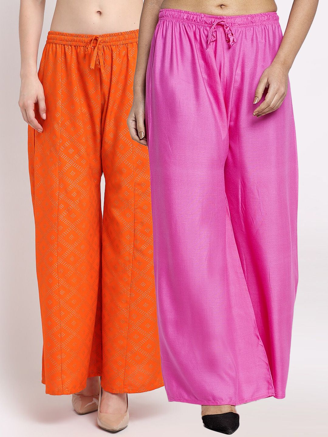 Jinfo Women Pack of 2 Pink & Orange Printed Flared Knitted Ethnic Palazzos Price in India