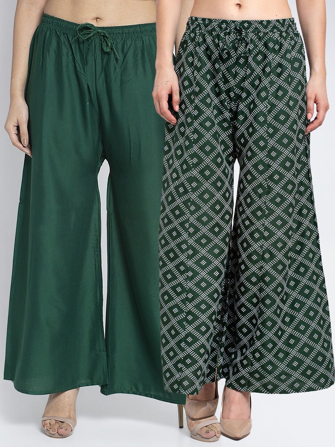 Jinfo Women Green & White Set of 2 Printed Flared Ethnic Palazzos Price in India