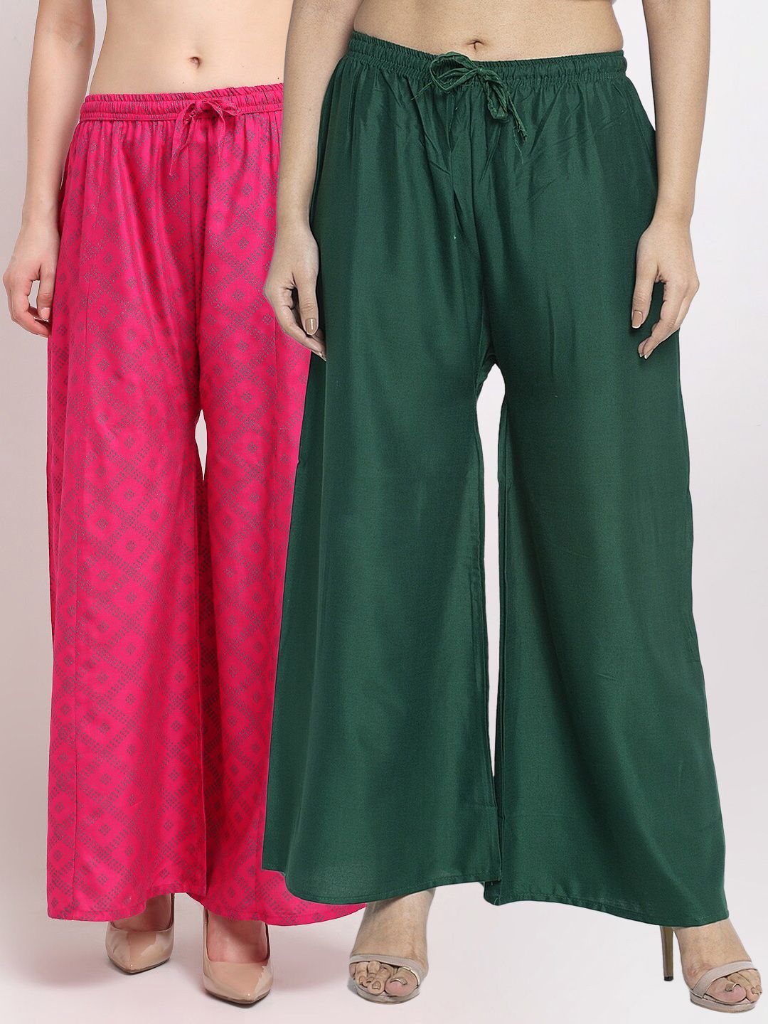 Jinfo Women Pack Of 2 Green & Pink Printed Flared Knitted Ethnic Palazzos Price in India