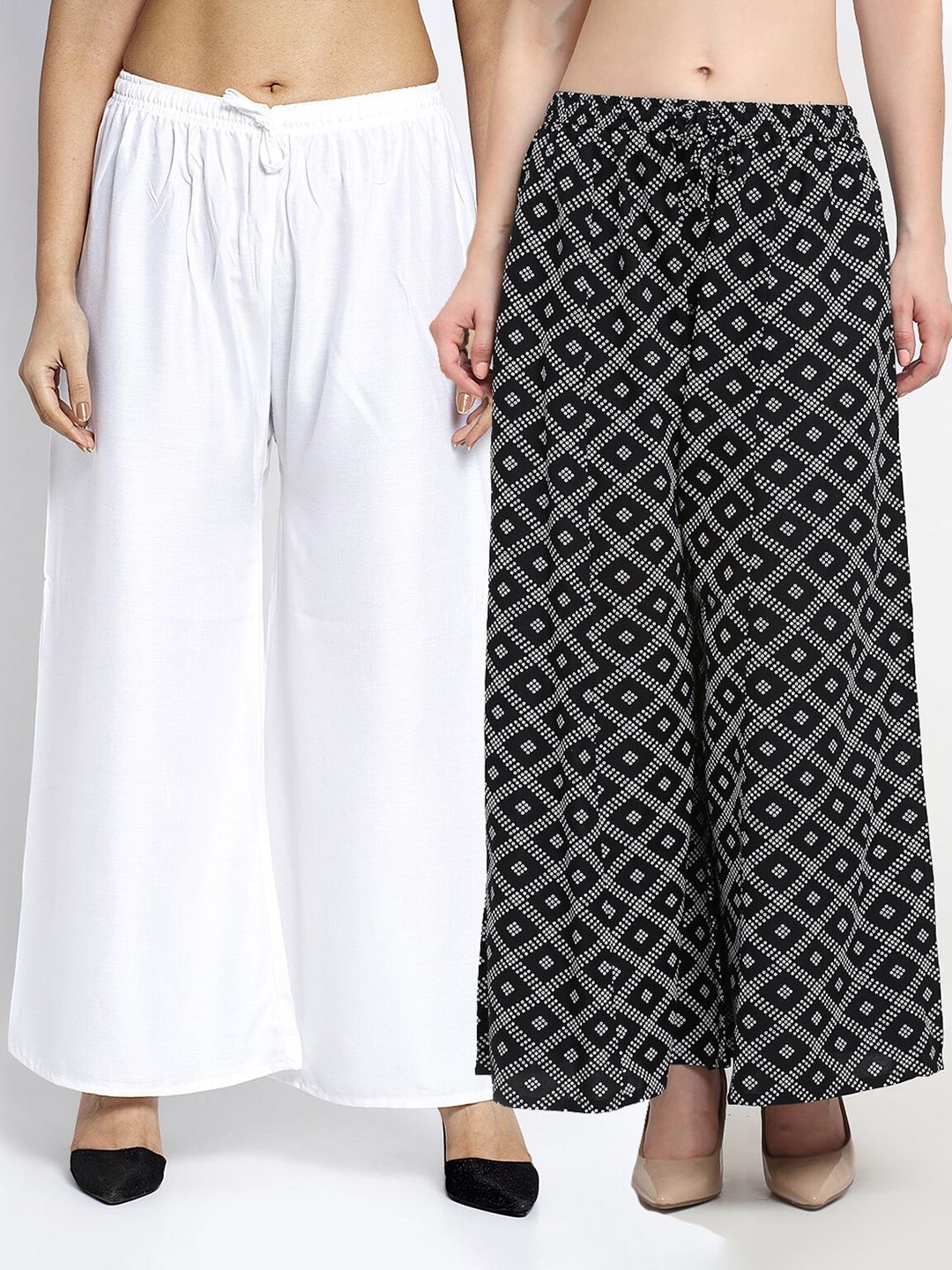 Jinfo Women Set Of 2 White & Black Printed Flared Fit Palazzos Price in India