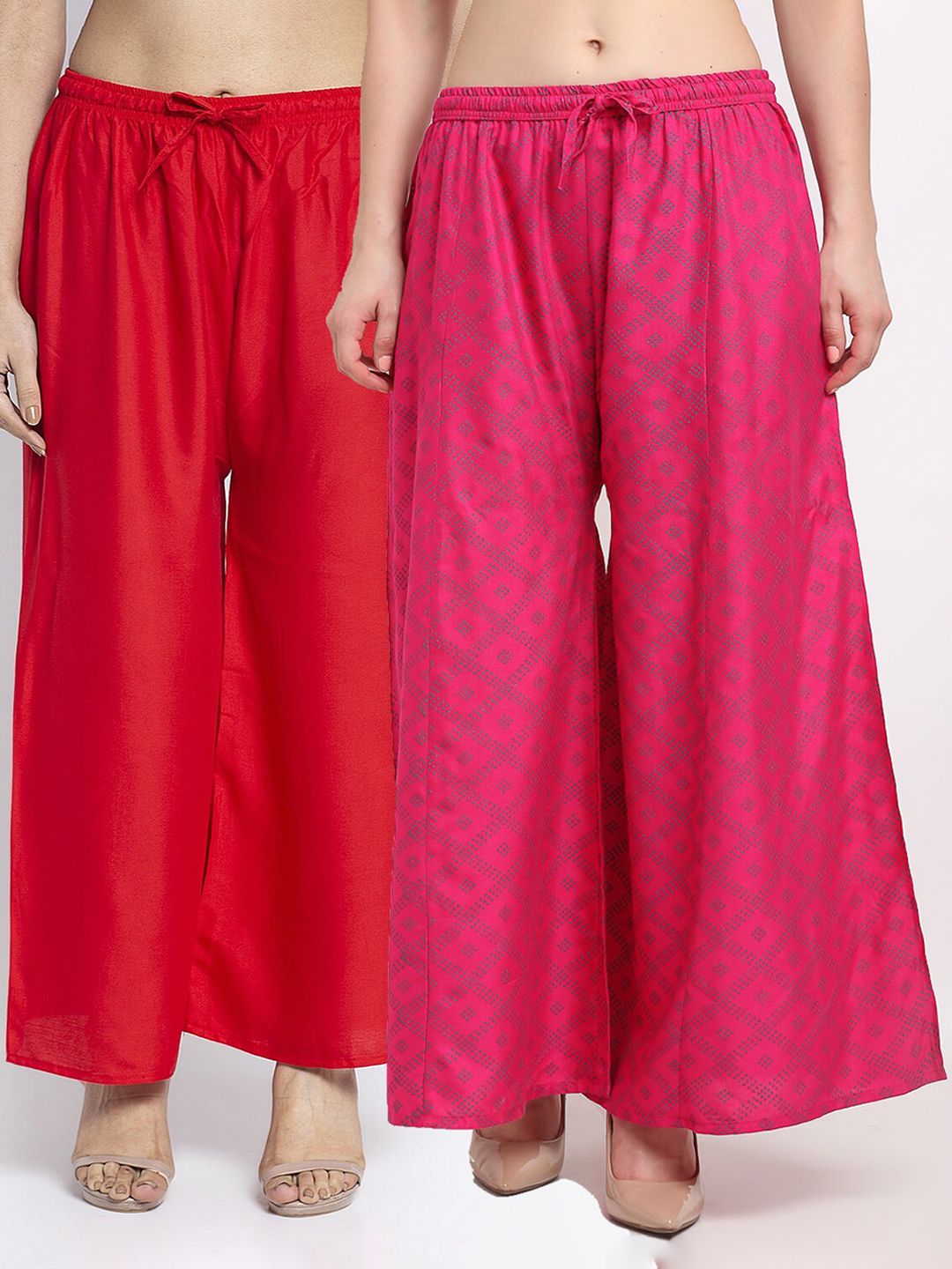 Jinfo Women Red & Magenta Set of 2 Printed Flared Knitted Ethnic Palazzos Price in India