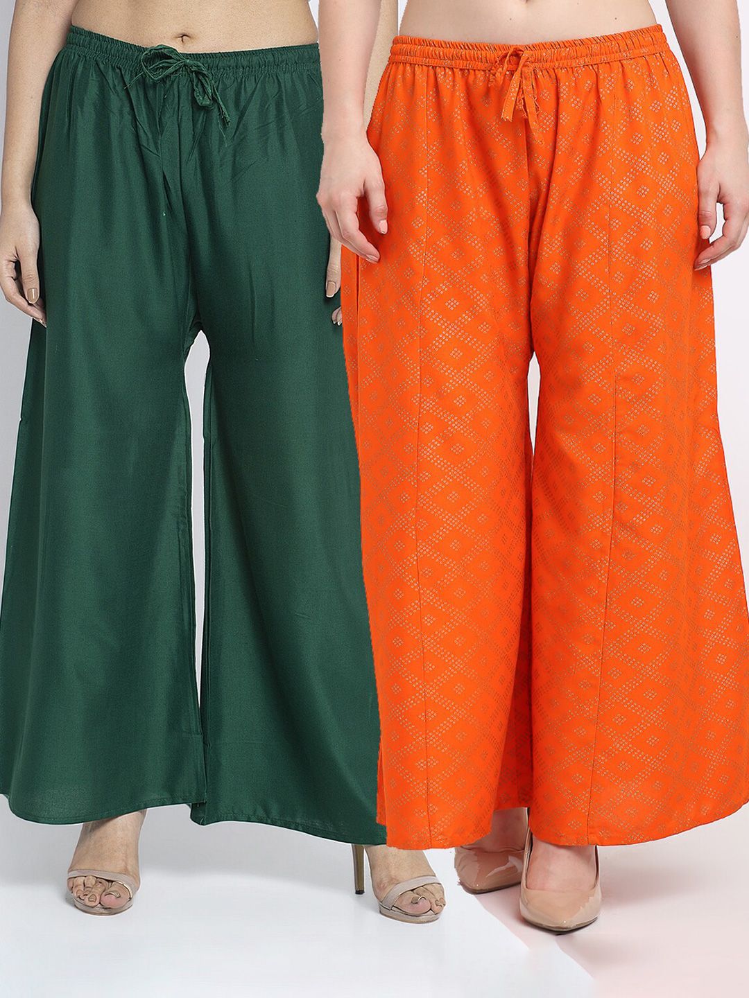 Jinfo Women Set Of 2 Green & Orange Printed Flared Fit Palazzos Price in India